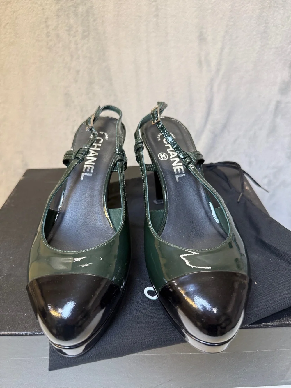CHANEL Slingbacks Size 7 Patent Leather Green Black Shoes